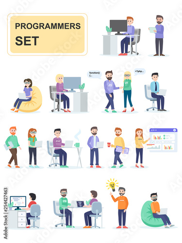 Set of programmers developing custom programs. Programmer, coder, web developer or software engineer. Cartoon characters isolated on white background. Flat vector illustration.