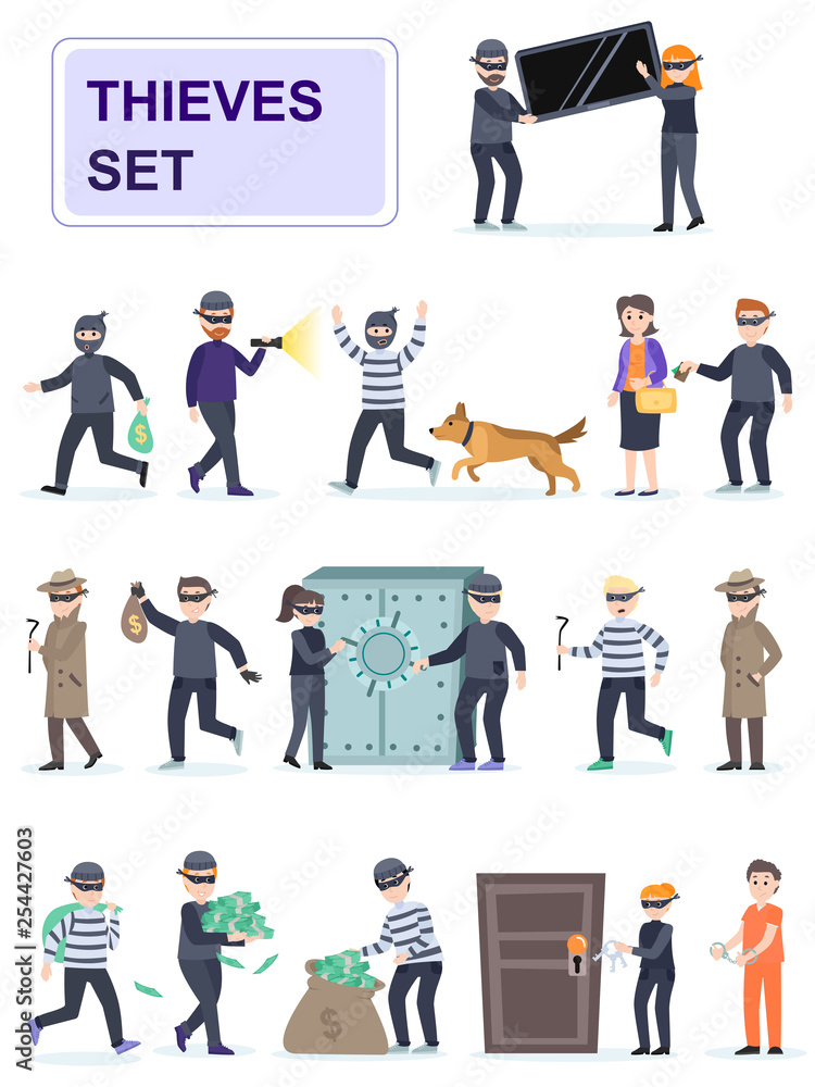 Set of criminals in different poses. Criminals and thieves risk and rob banks and people. Cartoon characters isolated on white background. Flat vector illustration.