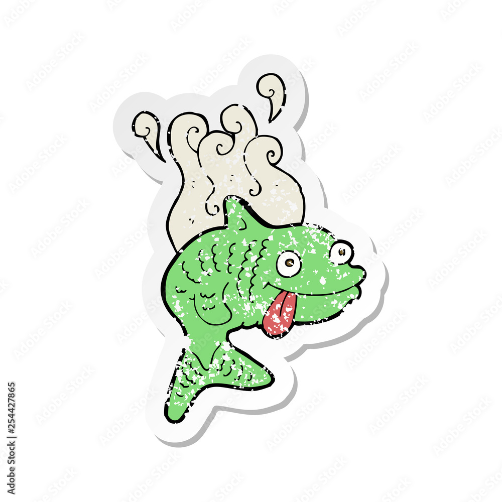retro distressed sticker of a cartoon smelly fish retro distressed sticker of a cartoon smelly fish