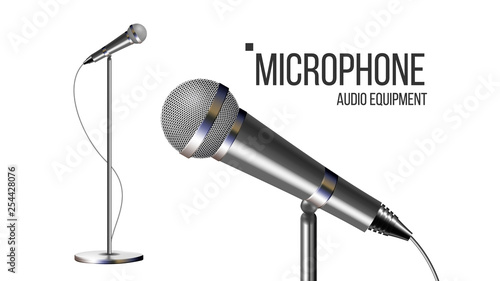 Modern Microphone With Stand Vector. Conference Broadcast. Digital Volume. Mic Isolated. Illustration