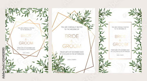Wedding floral invitation, thank you modern card: ruscus italian wreath on white marble texture with a golden geometric pattern. Elegant rustic template. All elements are isolated and editable