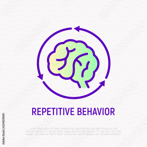 Repetitive behavior: human brain in arrows thin line icon. Modern vector illustration of autism symptom.