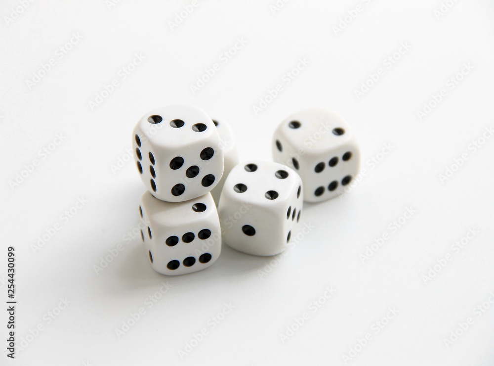 five old white dices on white background five old white dices on white background