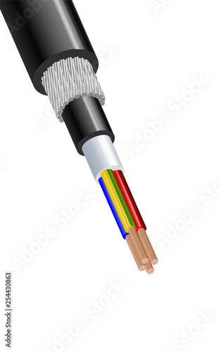 Fiber optic tight Fiber optic tight buffered cable structure isolated on white background.