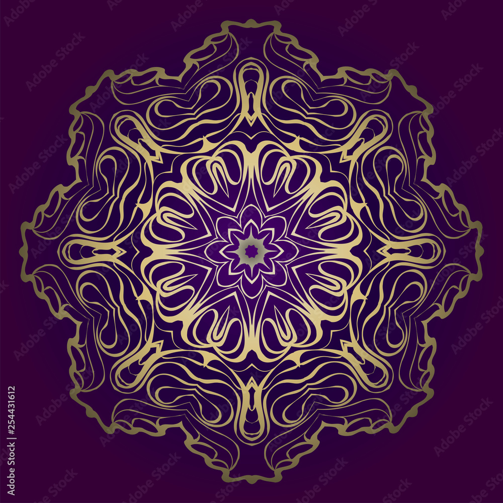 Flower Round Pattern. Vector Illustration. For Design, Invitation Wedding, Valentine's, Background, Wallpaper, Interior. Purple gold color Flower Round Pattern. Vector Illustration. For Design, Invitation Wedding, Valentine's, Background, Wallpaper, Interior. Purple gold color