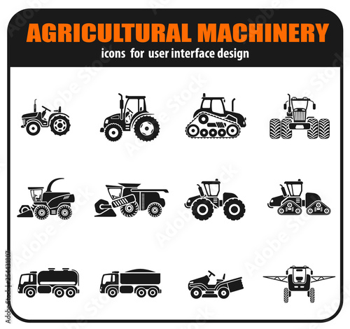 Agricultural vehicles icons set