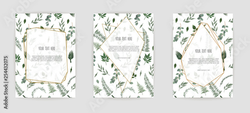 Set Botanical wedding invitation card template design, white and pink flowers on white background.