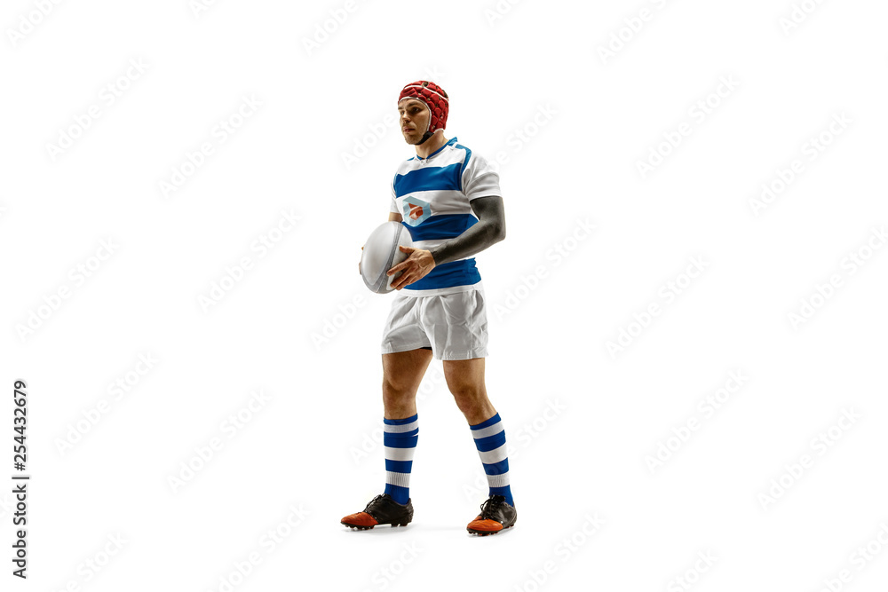 The silhouette of one caucasian rugby man player isolated on white background. Studio shot of fit man in motion or movement with ball. Jump and action concept. An incredible strain of all forces.