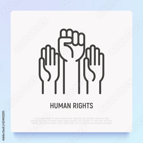 Human rights thin line icon: two raised hands, one with fist. Modern vector illustration.