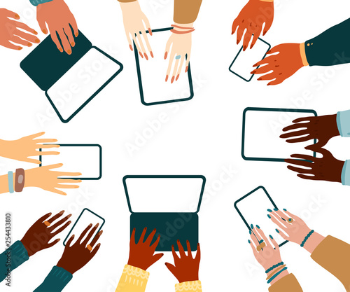 Hand drawn vector illustration of diverse skin color cartoon people hands holding various device made in minimal flat style isolated on white.