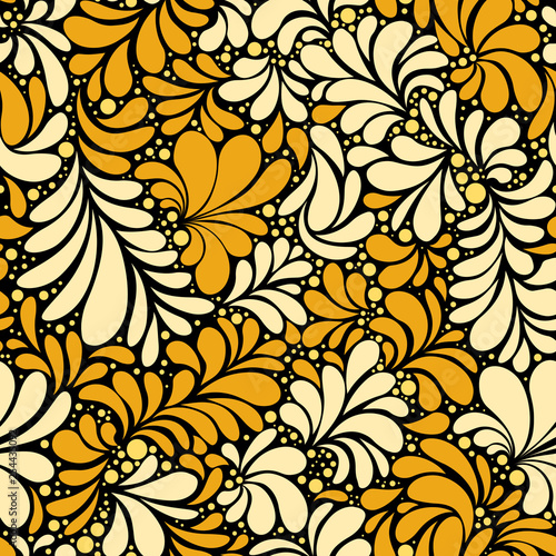 Paisley or Damask Golden Floral Seamless Pattern, Vector Ornament. hand drawn seamless pattern. Damask silhouette texture. Floral teardrop motif. Vintage ornate background. Textile, wallpaper