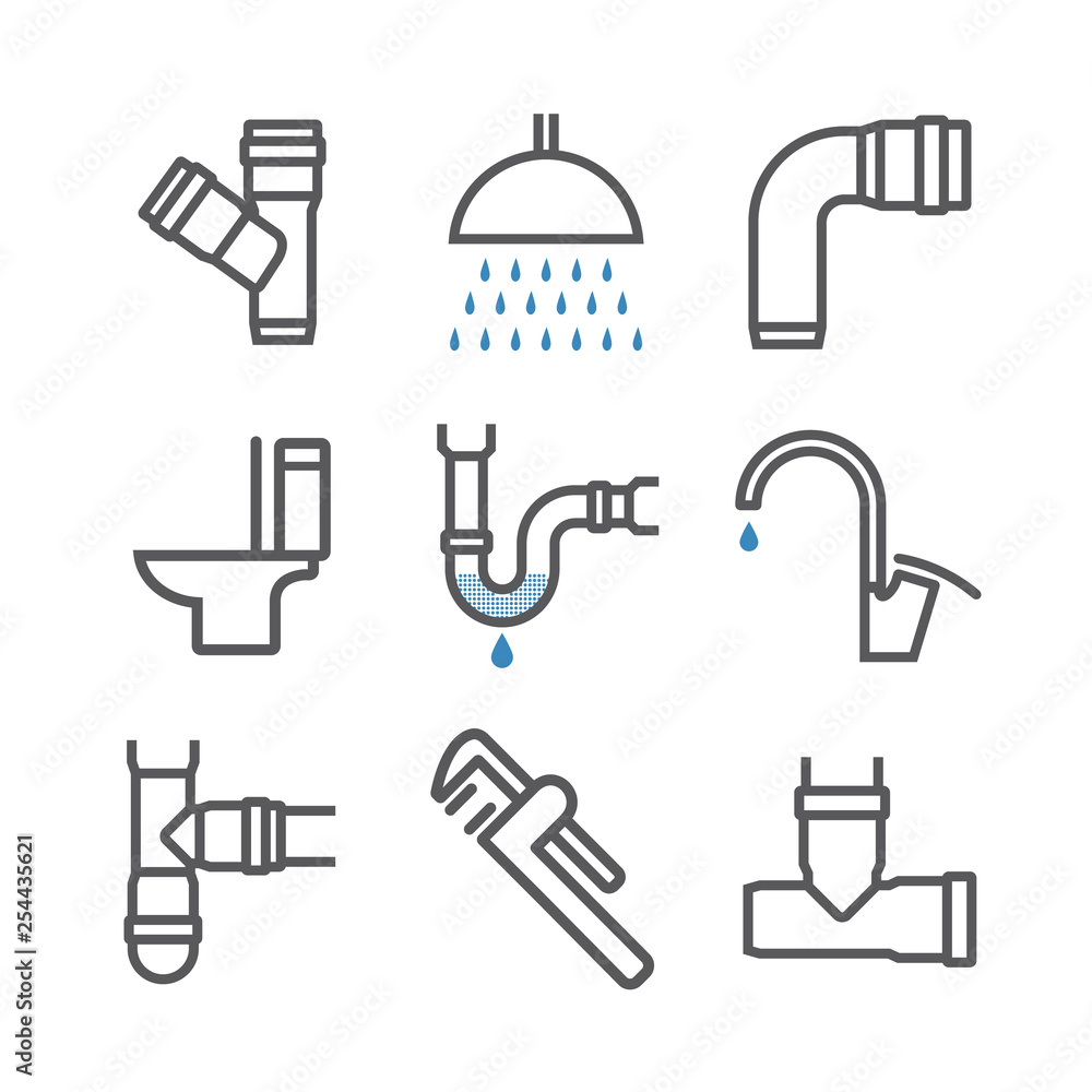 Plumbing, water pipes, sewerage line icon set. Vector illustration. Plumbing, water pipes, sewerage line icon set. Vector illustration.