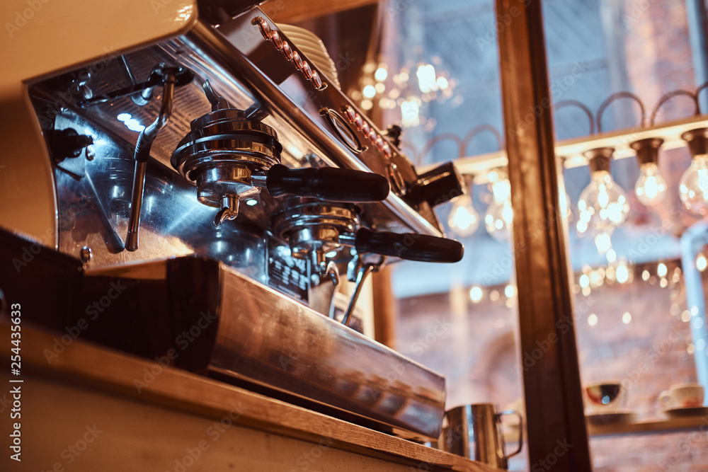 Close-up of the coffee machine in the restaurant or cafe shop
