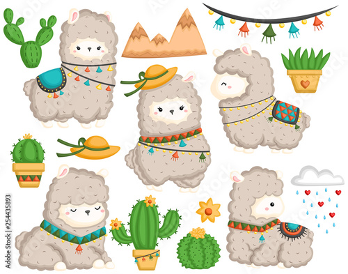 a vector set of cute llama and many cactus