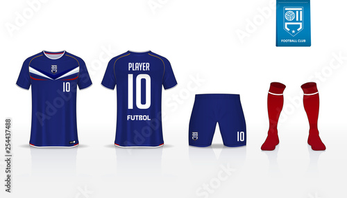 Soccer jersey or football kit template design for sport club. Football t-shirt sport, shorts and socks  mock up. Front and back view soccer uniform. Flat football logo design. Vector Illustration.