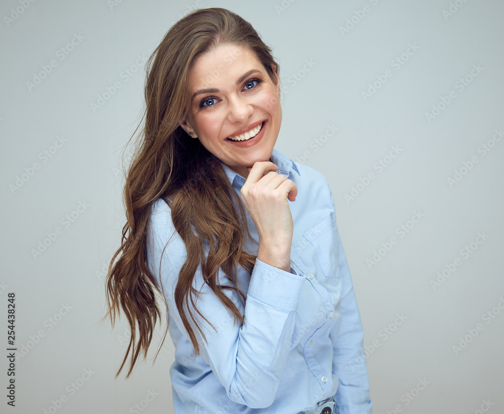 happy woman touching her chin. happy woman touching her chin.