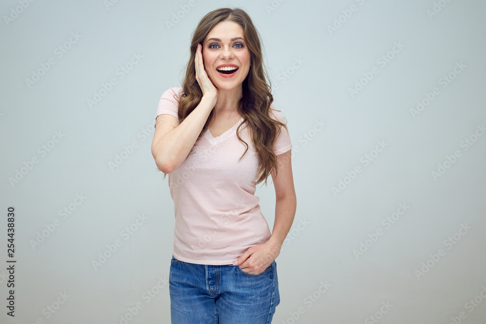 woman with toothy smile dressed casual clothes. woman with toothy smile dressed casual clothes.