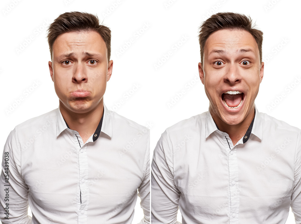 Young man with an expressive face, wearing white shirt, isolated on white background Young man with an expressive face, wearing white shirt, isolated on white background