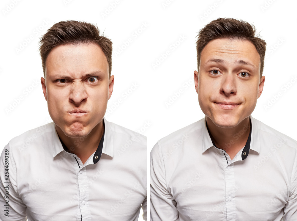 Young man with an expressive face, wearing white shirt, isolated on white background