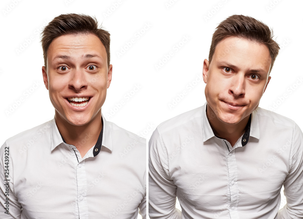 Young man with an expressive face, wearing white shirt, isolated on white background Young man with an expressive face, wearing white shirt, isolated on white background