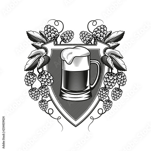 shield beer mug with hop branches. vector