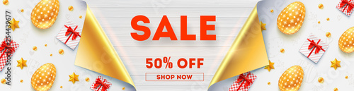 Sale get up to 50 percent discount, limited offer. Banner with bended corners of pages. Design of promo text on wooden textured background. Golden eggs, gift boxes and toys on white background.