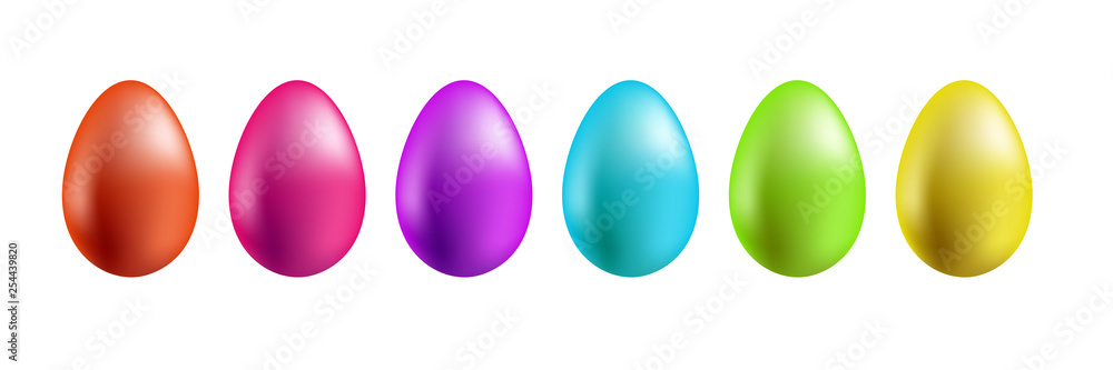 Color Easter eggs stand in a row on a white background.