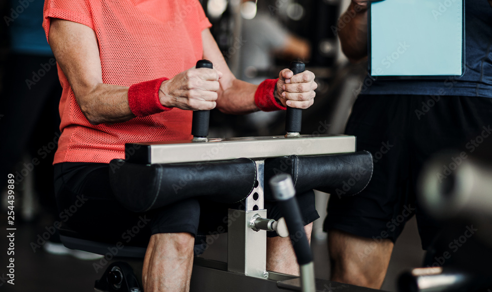 A midsection of female senior with a young trainer doing workout exercise in gym. A midsection of female senior with a young trainer doing workout exercise in gym.