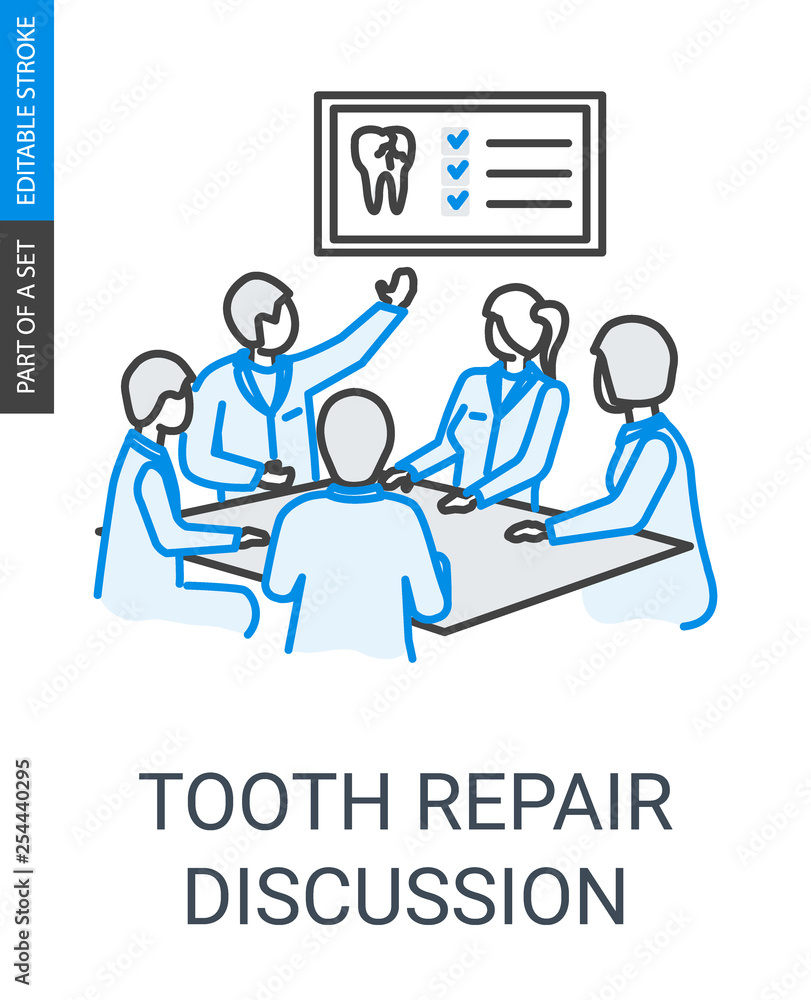 Tooth repair dentists team discussion linear icon