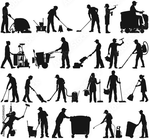 Cleaning service janitor workers vector silhouette collection photo