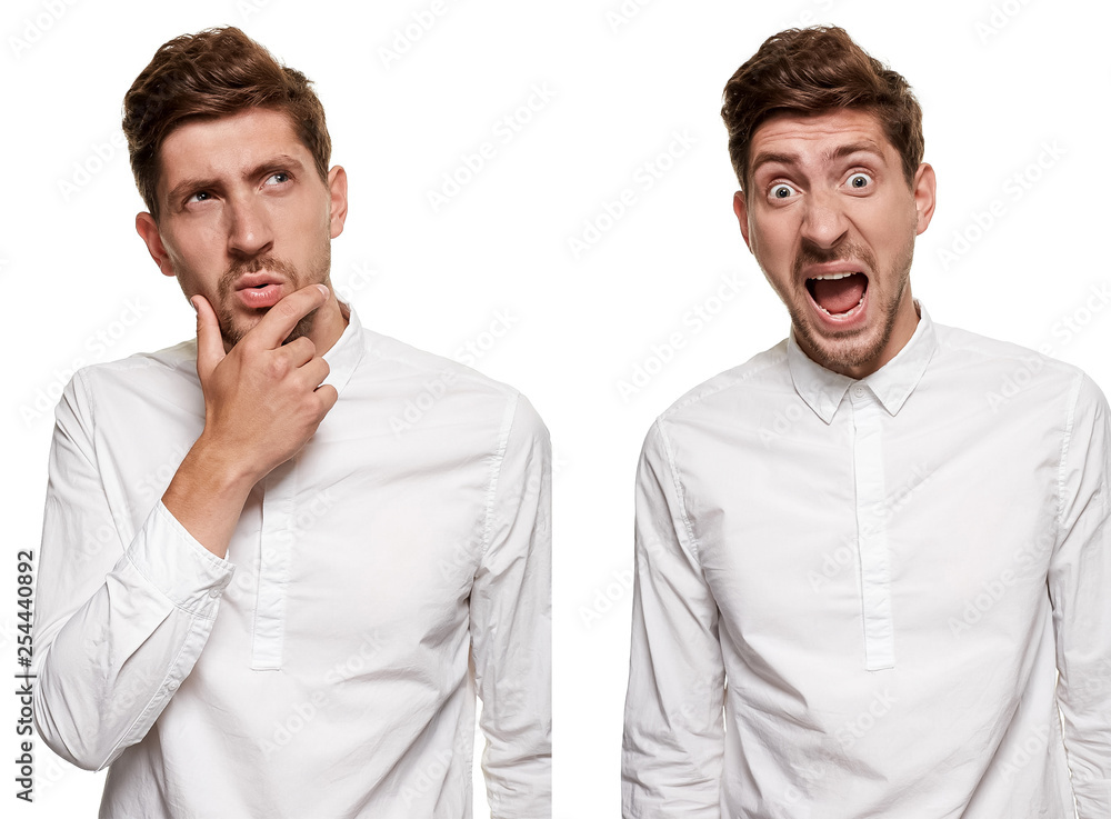 Handsome man in a white shirt makes faces, isolated on a white background Handsome man in a white shirt makes faces, isolated on a white background