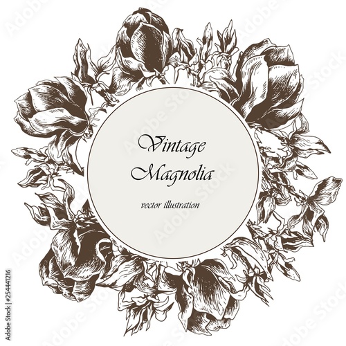 Card template with spring magnolia flowers. Hand drawn vector.