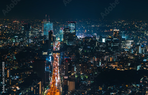 Aerial view of Shibuya, Tokyo, Japan at night