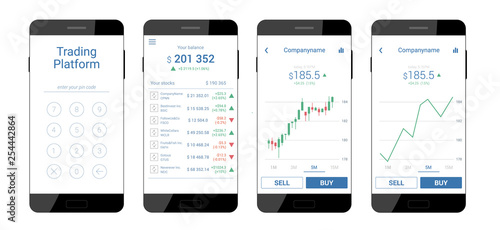 Trading mobile interface for stock exchange. Different screens. Modern design. Vector illustration