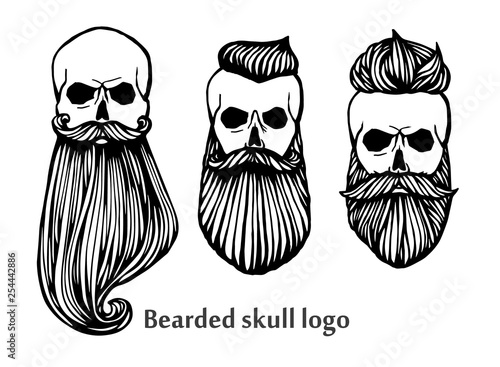 Set of Hipster skull heads with beards. Hand-Drawn Doodle. Vector Illustration - stock vector. Hand drawn cartoon character. Bearded man