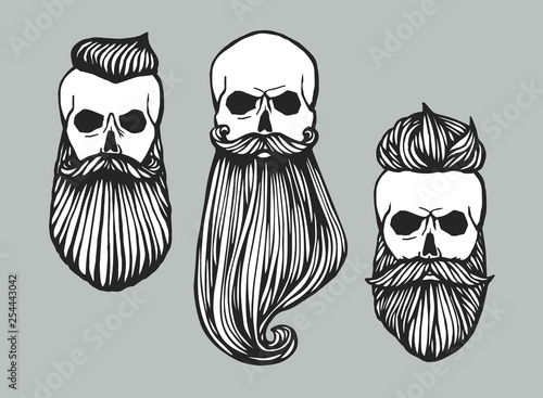 Set of Hipster skull heads with beards. Hand-Drawn Doodle. Vector Illustration - stock vector. Hand drawn cartoon character. Bearded man