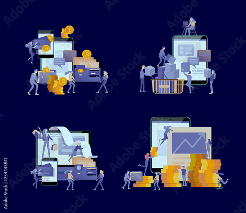 Cryptocurrency and blockchain composition with people, analysts and managers working on crypto start up