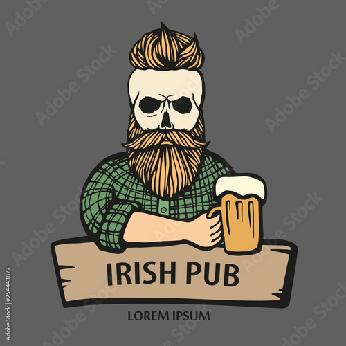 Hand-drawn skull hipster dude with mustache, beard with beer. Man with glass of alcohol. Vector logo. Sticker, logo, Emblem