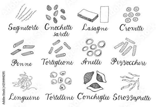 Hand drawn large set of different types of Italian pasta. Vector linear illustration.
