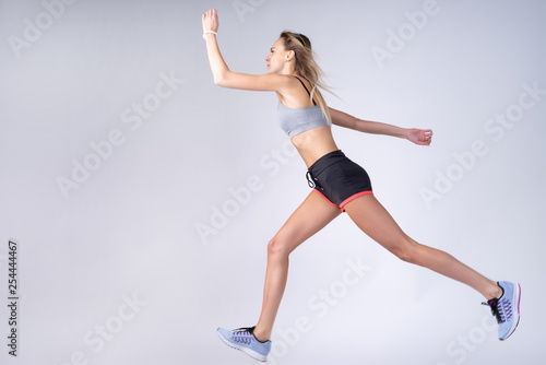 Not a professional girl on white background. Dynamic movement.