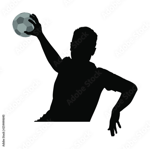 Handball player in action, attack shut in jumping vector silhouette illustration. Elegant body sport figure, boy black shadow. Dynamic athlete jump and shooting penalty in goal. Sport man handball.