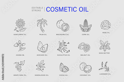 Vector icon and logo for natural cosmetics oil care dry skin. Editable outline stroke size. Line flat contour, thin and linear design. Simple icons. Concept illustration. Sign, symbol, element.