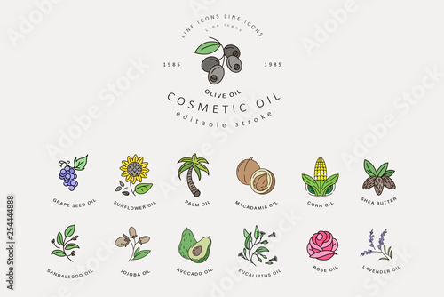 Vector icon and logo for natural cosmetics oil care dry skin. Editable outline stroke size. Line flat contour, thin and linear design. Simple icons. Concept illustration. Sign, symbol, element.