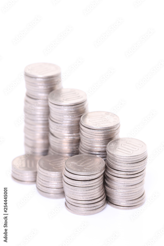 stacked Japanese 100 yen coins step up and step down graph 
