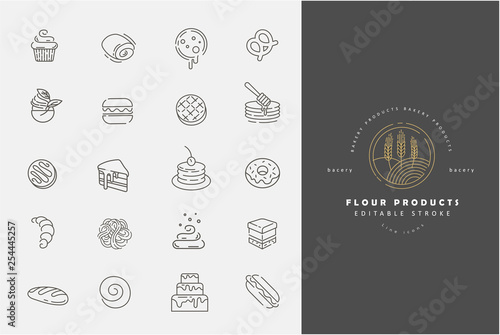 Vector icon and logo for natural flour product and bacery. Editable outline stroke size. Line flat contour, thin and linear design. Simple icons. Concept illustration. Sign, symbol, element.
