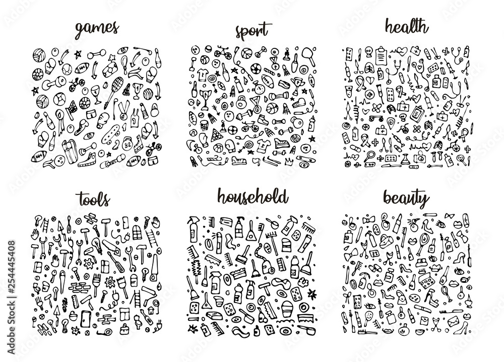 Obraz na plátně Hand drawn icons set and elements pattern