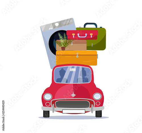 Moving home concept. Red vintage car with suitcases, washing machine and plant on roof. Flat cartoon vector illustration. Car Front View With pile Of furniture on white background. Moving to new house