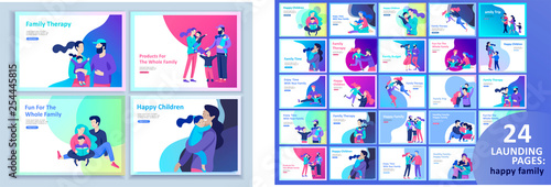 Set of Landing page templates happy family, travel and psychotherapy, family health care, goods entertainment for mother father and their children. Parents with daughter and son have fun togethers