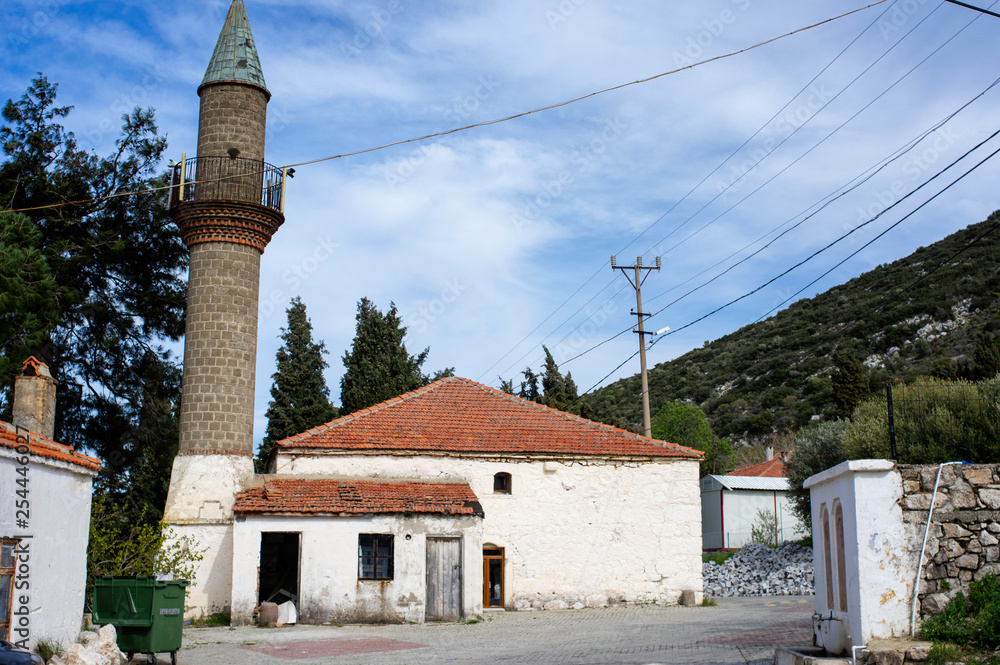Front view of an old mosque in a small village called Bozkoy