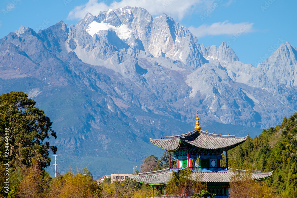 Jade Dragon Snow Mountain and a Pagoda